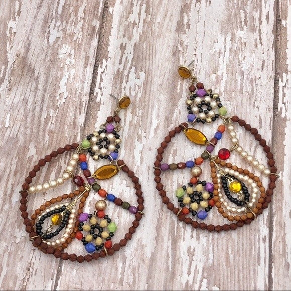 🌼 Large Statement Brown Beaded Statement Paisley Drop Earrings - Picture 1 of 3